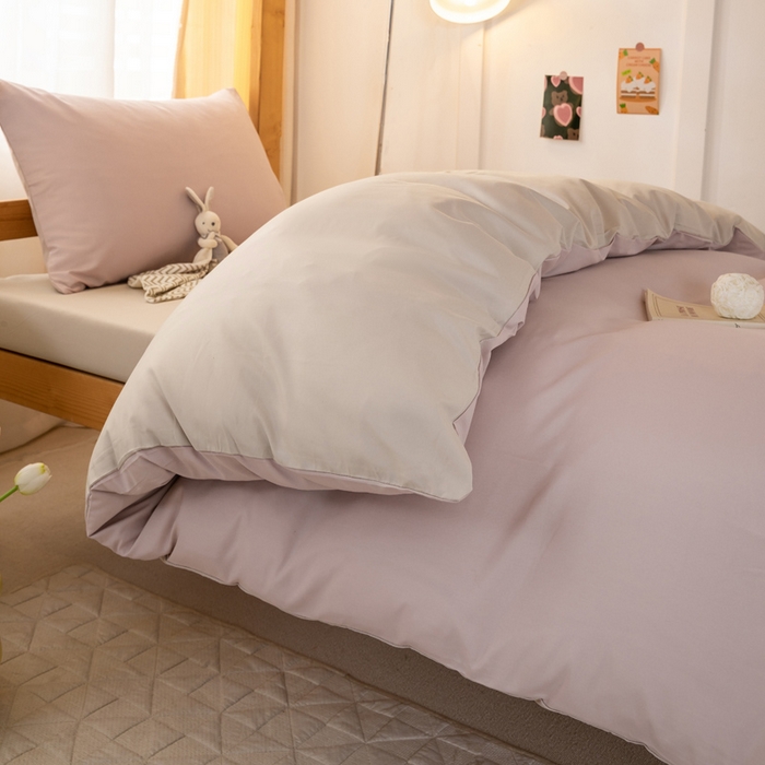 91家纺网 家纺一手货源 找家纺 芷凡家纺 2024新款水洗磨毛纯色双拼学生三件套四件套 玫瑰金+杏色