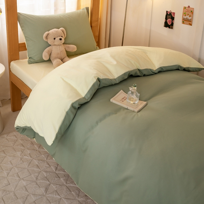 91家纺网 家纺一手货源 找家纺 芷凡家纺 2024新款水洗磨毛纯色双拼学生三件套四件套 抹茶+奶黄