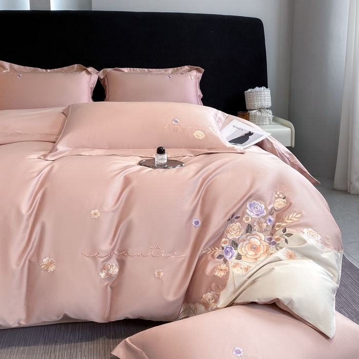 91家纺网 家纺一手货源 找家纺 桃园 2025新款纯棉全棉长绒棉刺绣绣花四件套-梦境（高端礼盒） 梦境-轻奢粉