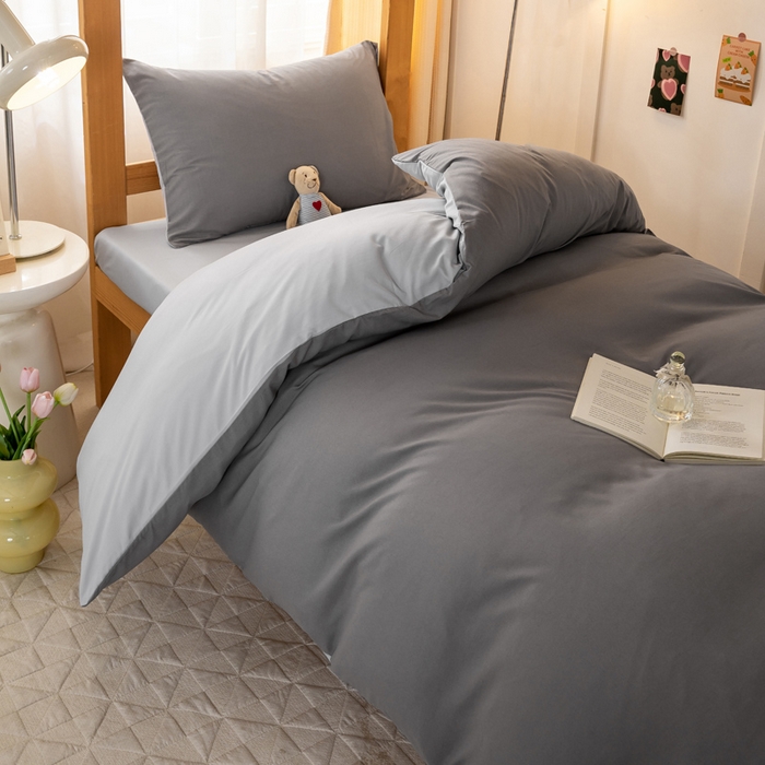 91家纺网 家纺一手货源 找家纺 芷凡家纺 2024新款水洗磨毛纯色双拼学生三件套四件套 中灰+银灰