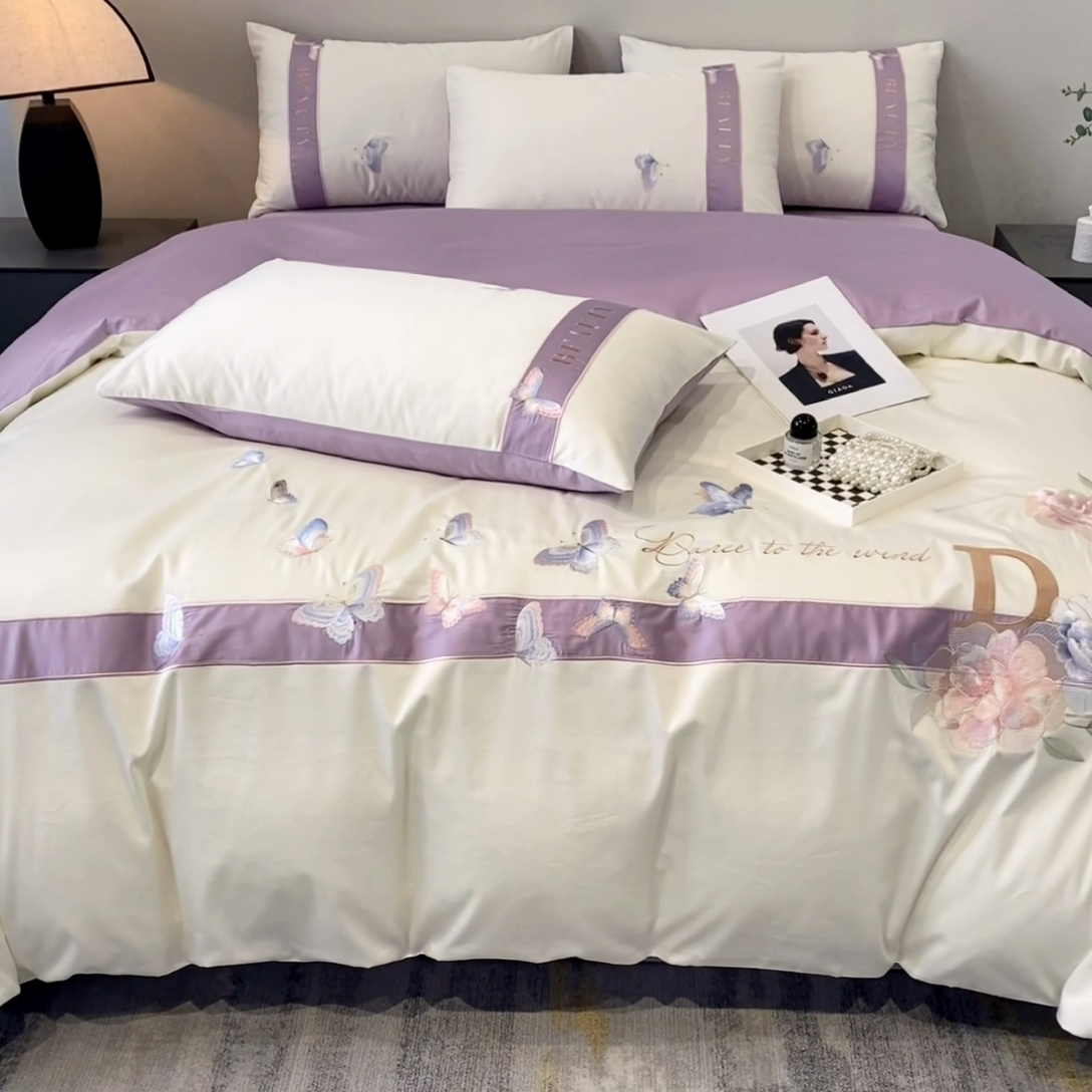 91家纺网 家纺一手货源 找家纺 桃园 2025新款纯棉全棉长绒棉刺绣绣花四件套-蝶恋花 （高端礼盒） 蝶恋花-紫色