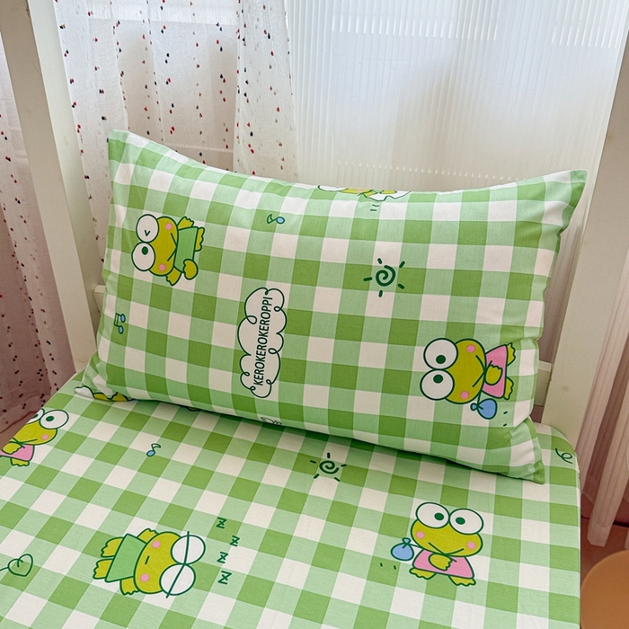 91家纺网 家纺一手货源 找家纺 沐辰 2025新款全棉纯棉三丽鸥学生季系列单床笠单品床笠单件床笠 绿格蛙蛙