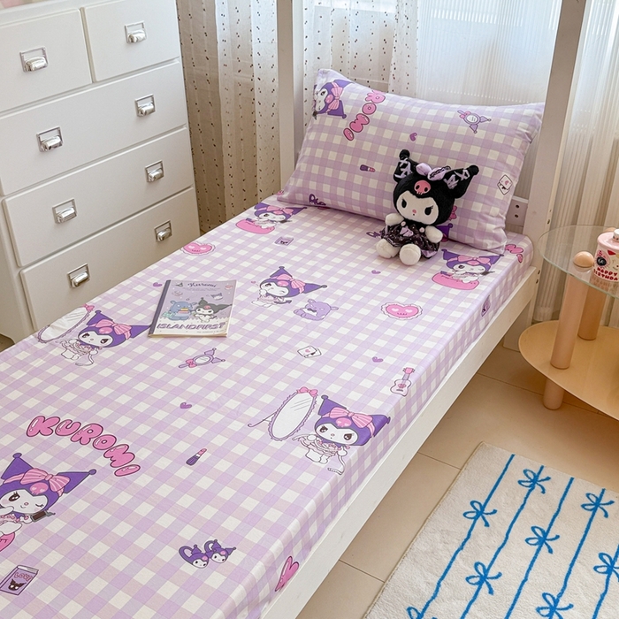 91家纺网 家纺一手货源 找家纺 沐辰 2025新款全棉纯棉三丽鸥学生季系列单床笠单品床笠单件床笠 紫格库洛米