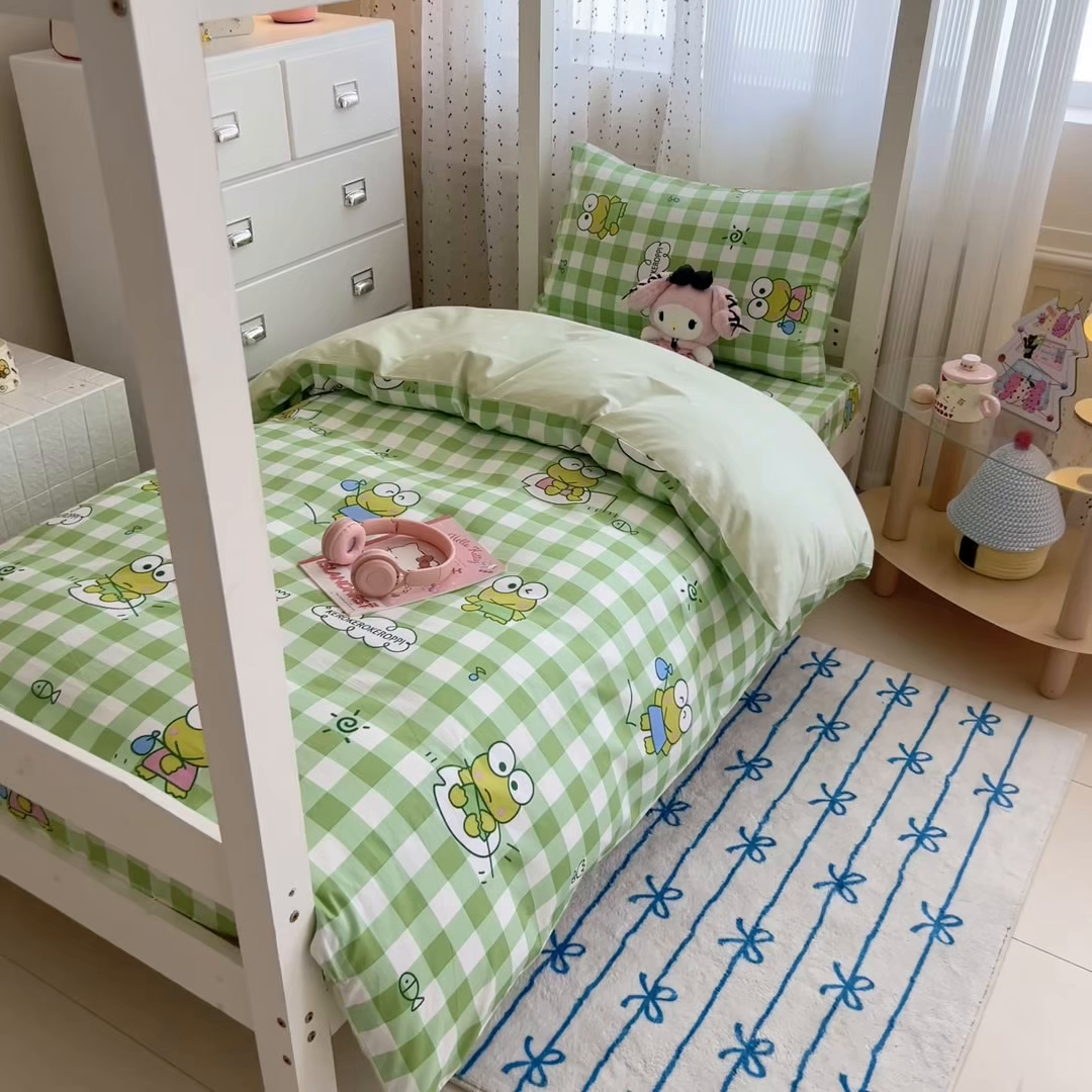 91家纺网 家纺一手货源 找家纺 沐辰 2025新款全棉纯棉三丽鸥学生季系列单床单单品床单单件床单 绿格蛙蛙