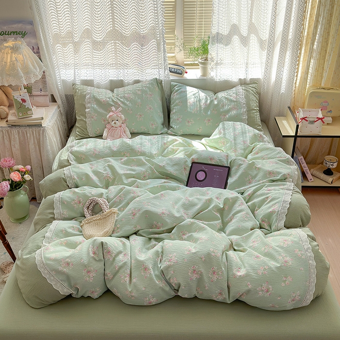 91家纺网 家纺一手货源 找家纺 （总）罗亿家纺 2025新款云感双层纱全棉纯棉镂空花边四件套