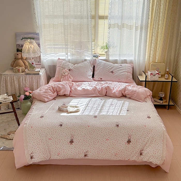 91家纺网 家纺一手货源 找家纺 （总）罗亿家纺 2025新款云感双层纱全棉纯棉镂空花边四件套