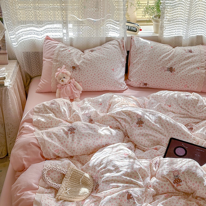 91家纺网 家纺一手货源 找家纺 （总）罗亿家纺 2025新款云感双层纱全棉纯棉镂空花边四件套