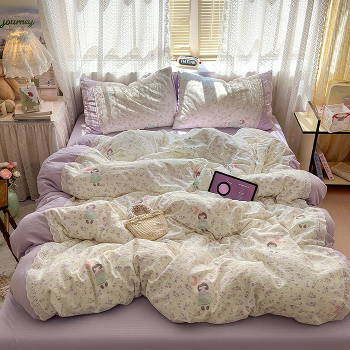 91家纺网 家纺一手货源 找家纺 （总）罗亿家纺 2025新款云感双层纱全棉纯棉镂空花边四件套