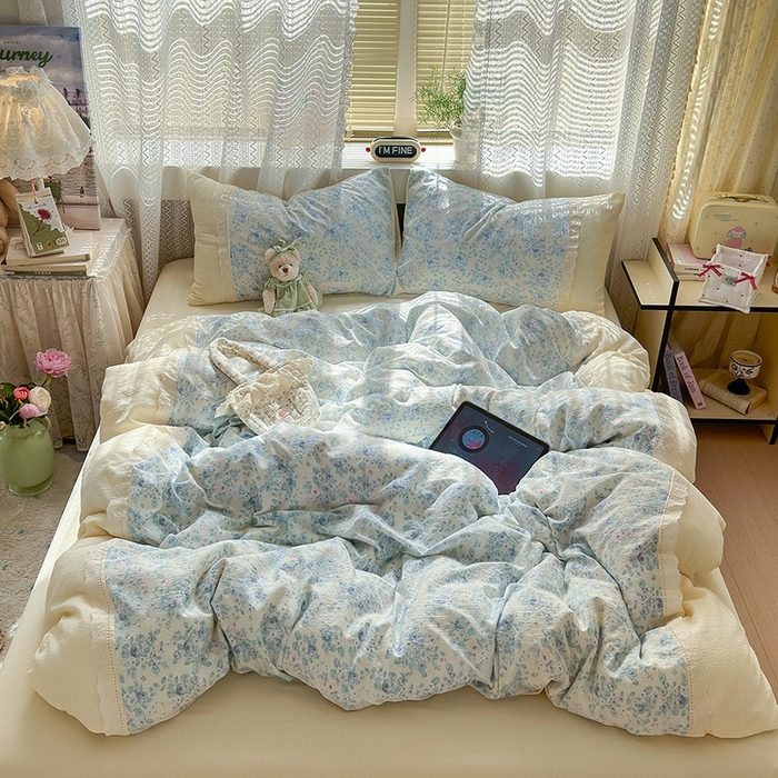 罗亿家纺 2025新款云感双层纱全棉纯棉镂空花边四件套 梦境-花信风