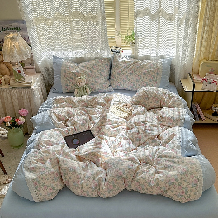 罗亿家纺 2025新款云感双层纱全棉纯棉镂空花边四件套 梦境-童话花岛