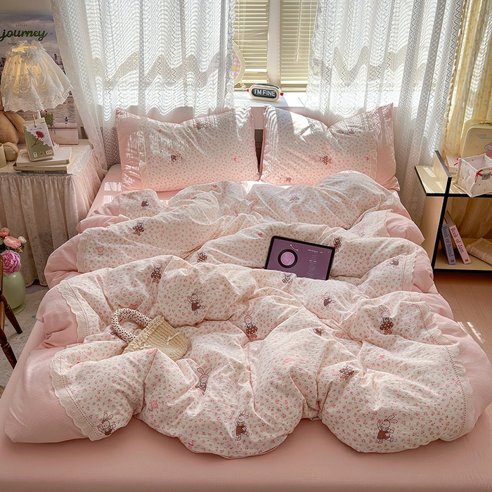 （总）罗亿家纺 2025新款云感双层纱全棉纯棉镂空花边四件套