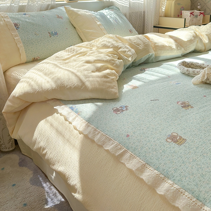 91家纺网 家纺一手货源 找家纺 罗亿家纺 2025新款云感双层纱全棉纯棉镂空花边四件套 梦境-少女象