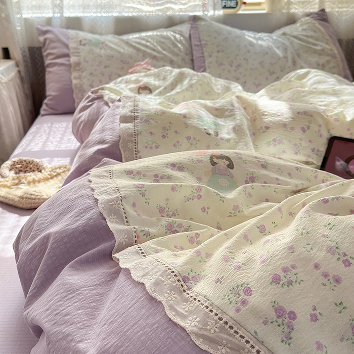 91家纺网 家纺一手货源 找家纺 罗亿家纺 2025新款云感双层纱全棉纯棉镂空花边四件套 梦境-思念女孩