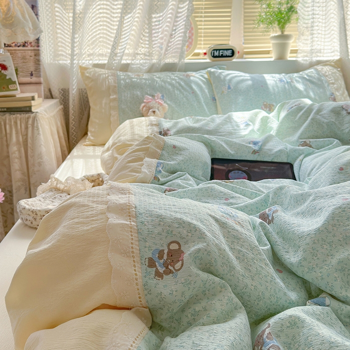 91家纺网 家纺一手货源 找家纺 罗亿家纺 2025新款云感双层纱全棉纯棉镂空花边四件套 梦境-少女象