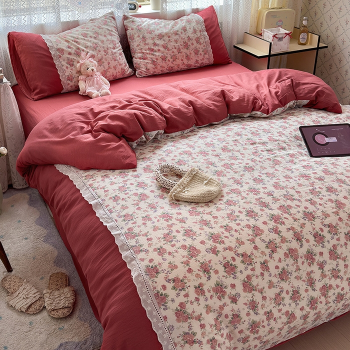 91家纺网 家纺一手货源 找家纺 罗亿家纺 2025新款云感双层纱全棉纯棉镂空花边四件套 梦境-星眠云野