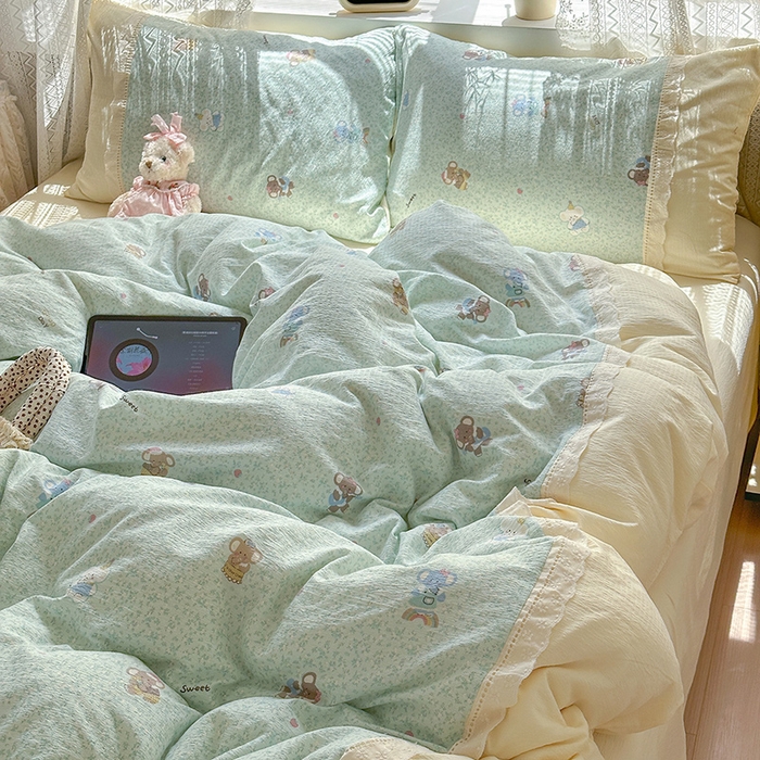 91家纺网 家纺一手货源 找家纺 罗亿家纺 2025新款云感双层纱全棉纯棉镂空花边四件套 梦境-少女象