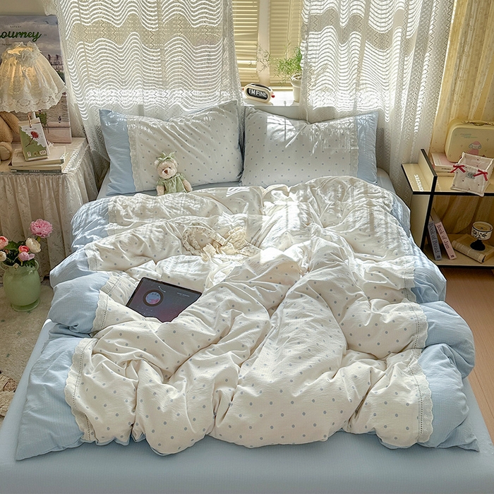 罗亿家纺 2025新款云感双层纱全棉纯棉镂空花边四件套 梦境-海盐汤圆