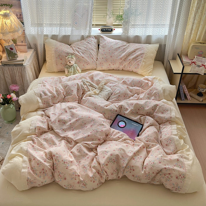 罗亿家纺 2025新款云感双层纱全棉纯棉镂空花边四件套 梦境-序曲粉