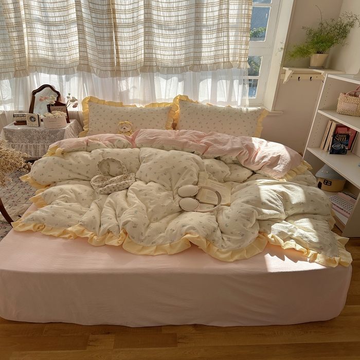 91家纺网 家纺一手货源 找家纺 顾里家纺 2025新款韩系花边皱皱纱四件套 韩系花花