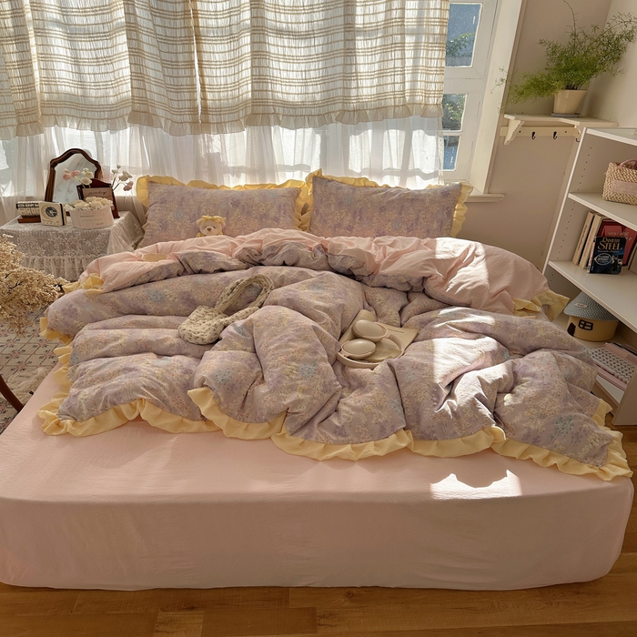 91家纺网 家纺一手货源 找家纺 顾里家纺 2025新款韩系花边皱皱纱四件套 花涧溪