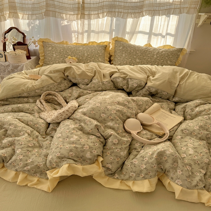 91家纺网 家纺一手货源 找家纺 顾里家纺 2025新款韩系花边皱皱纱四件套 白茶落海