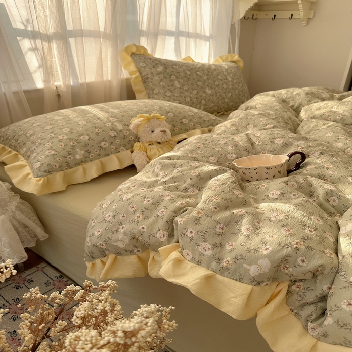 91家纺网 家纺一手货源 找家纺 顾里家纺 2025新款韩系花边皱皱纱四件套 白茶落海