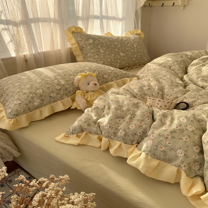 91家纺网 家纺一手货源 找家纺 顾里家纺 2025新款韩系花边皱皱纱四件套 白茶落海