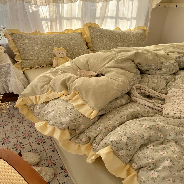91家纺网 家纺一手货源 找家纺 顾里家纺 2025新款韩系花边皱皱纱四件套 白茶落海