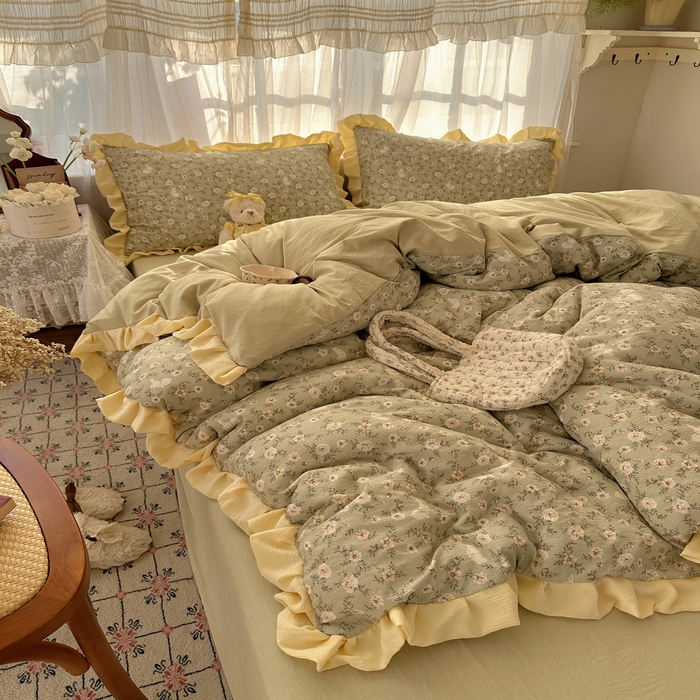 91家纺网 家纺一手货源 找家纺 顾里家纺 2025新款韩系花边皱皱纱四件套 白茶落海