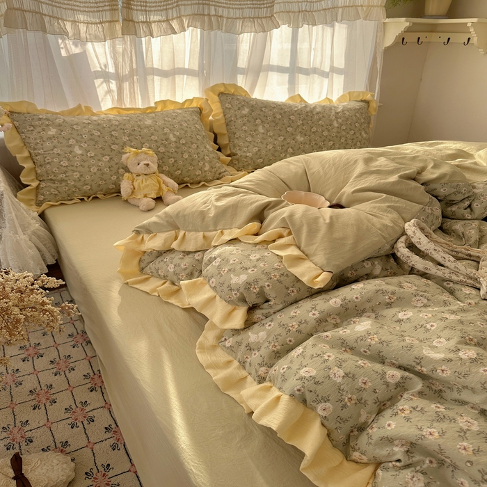 91家纺网 家纺一手货源 找家纺 顾里家纺 2025新款韩系花边皱皱纱四件套 白茶落海