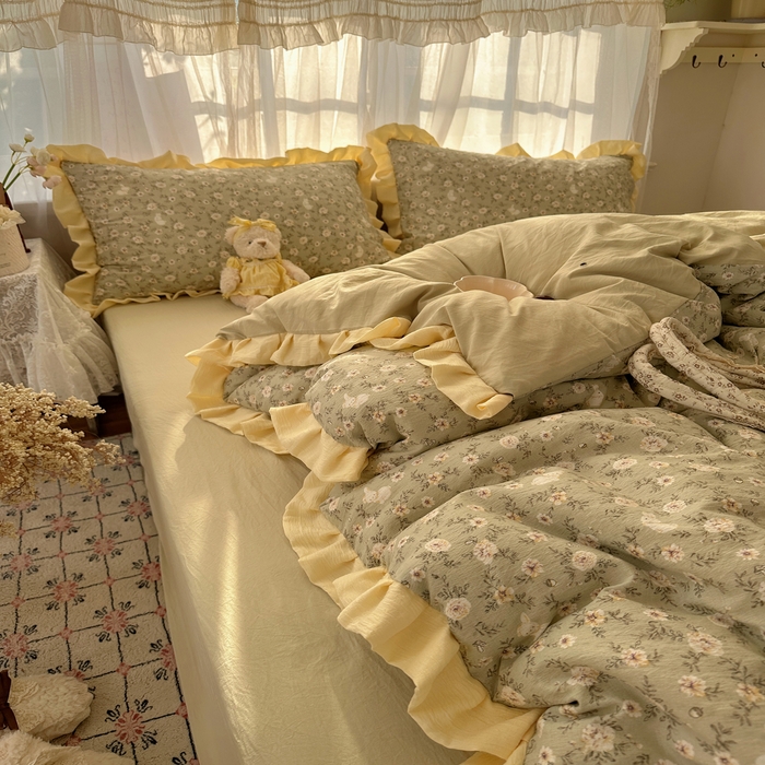 91家纺网 家纺一手货源 找家纺 顾里家纺 2025新款韩系花边皱皱纱四件套 白茶落海