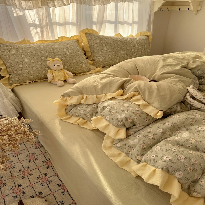 91家纺网 家纺一手货源 找家纺 顾里家纺 2025新款韩系花边皱皱纱四件套 白茶落海