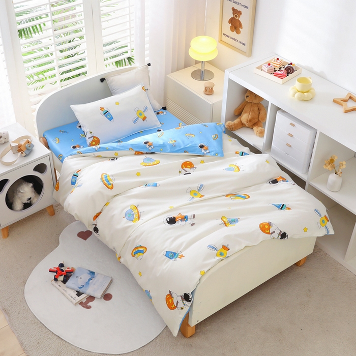 91家纺网 家纺一手货源 找家纺 吉咪兔家纺 2025新款全棉纯棉幼儿园三件套儿童被褥六件套宝宝午睡入园婴儿床床上用品 遨游太空