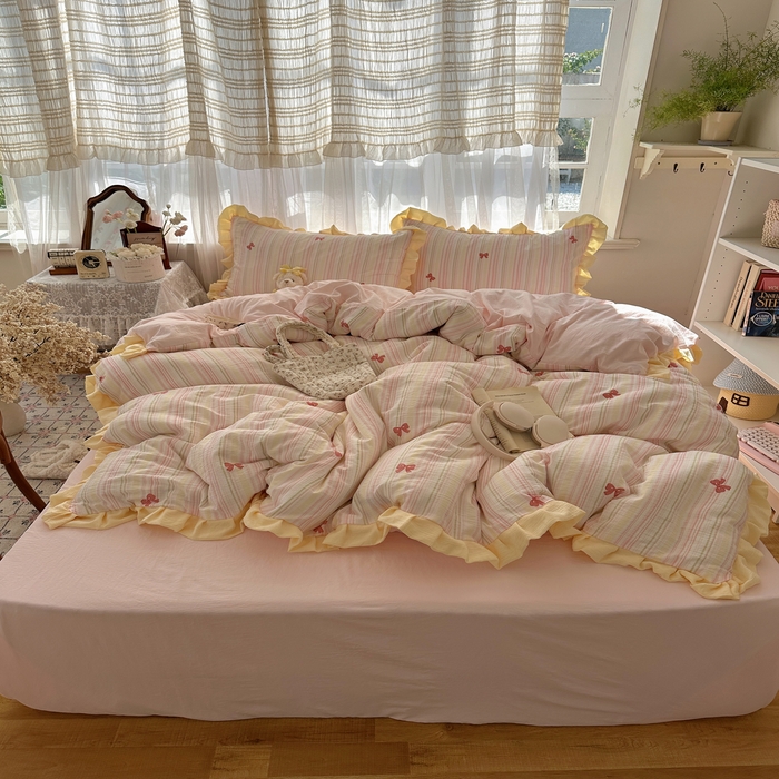 顾里家纺 2025新款韩系花边皱皱纱四件套 彩虹蝴蝶结