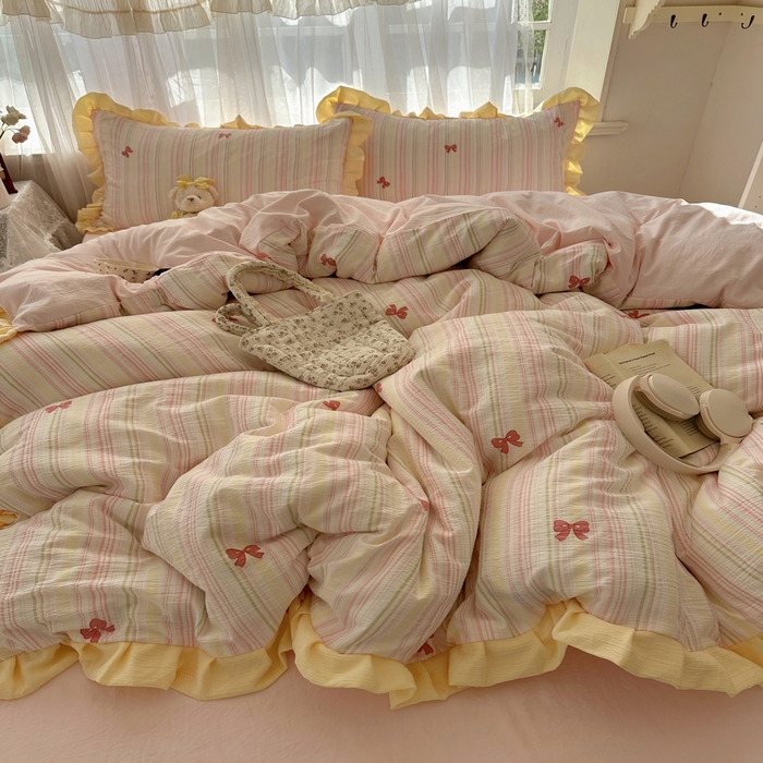 91家纺网 家纺一手货源 找家纺 顾里家纺 2025新款韩系花边皱皱纱四件套 彩虹蝴蝶结