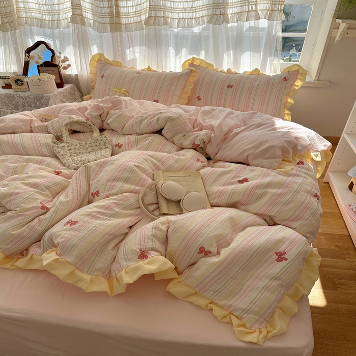 91家纺网 家纺一手货源 找家纺 顾里家纺 2025新款韩系花边皱皱纱四件套 彩虹蝴蝶结