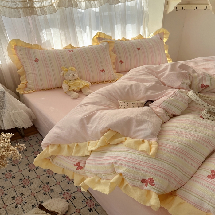 91家纺网 家纺一手货源 找家纺 顾里家纺 2025新款韩系花边皱皱纱四件套 彩虹蝴蝶结