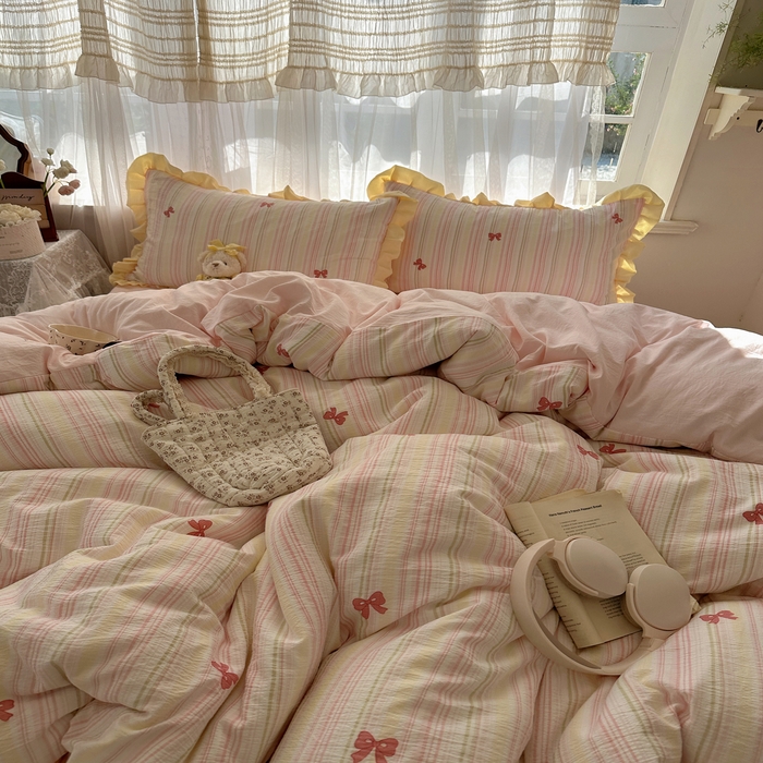 91家纺网 家纺一手货源 找家纺 顾里家纺 2025新款韩系花边皱皱纱四件套 彩虹蝴蝶结