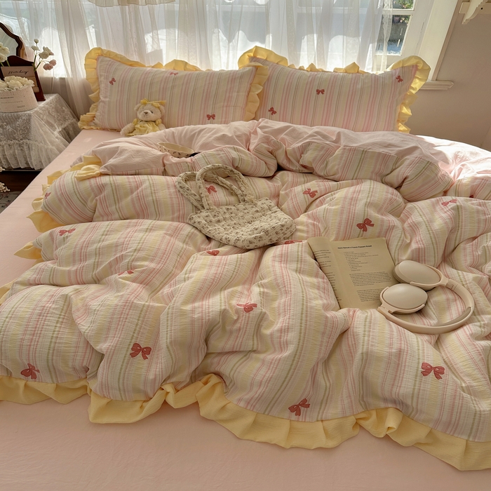 91家纺网 家纺一手货源 找家纺 顾里家纺 2025新款韩系花边皱皱纱四件套 彩虹蝴蝶结