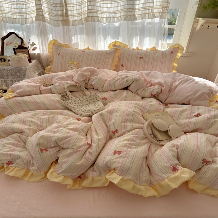 91家纺网 家纺一手货源 找家纺 顾里家纺 2025新款韩系花边皱皱纱四件套 彩虹蝴蝶结