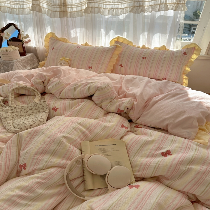 91家纺网 家纺一手货源 找家纺 顾里家纺 2025新款韩系花边皱皱纱四件套 彩虹蝴蝶结