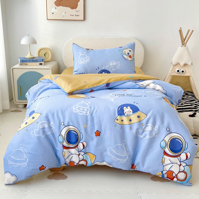 91家纺网 家纺一手货源 找家纺 吉咪兔家纺 2025新款全棉纯棉幼儿园三件套儿童被褥六件套宝宝午睡入园婴儿床床上用品 飞向太空