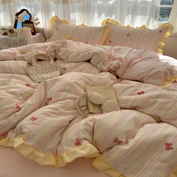 91家纺网 家纺一手货源 找家纺 顾里家纺 2025新款韩系花边皱皱纱四件套 彩虹蝴蝶结