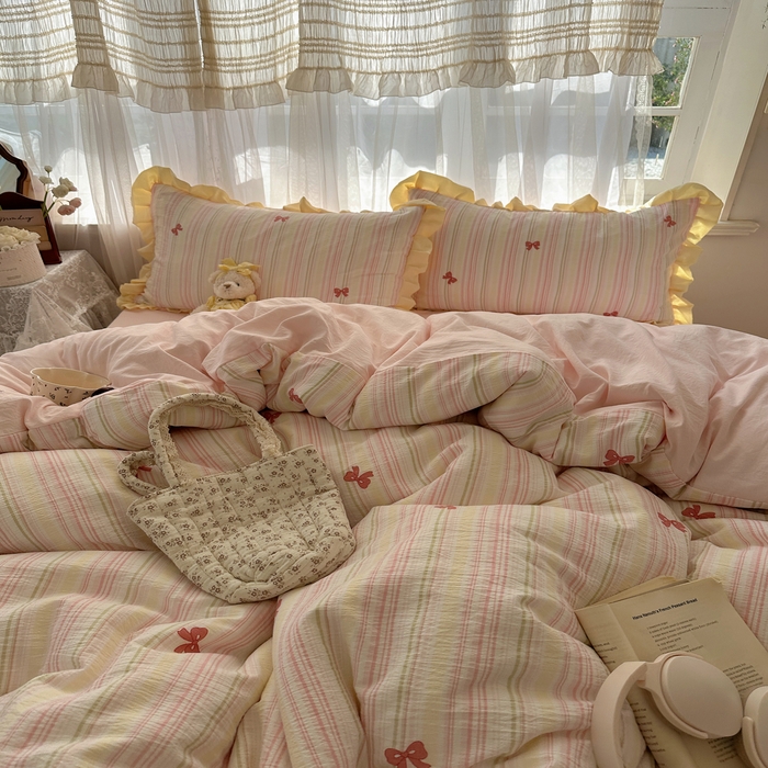 91家纺网 家纺一手货源 找家纺 顾里家纺 2025新款韩系花边皱皱纱四件套 彩虹蝴蝶结