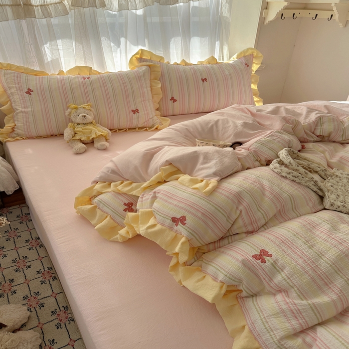 91家纺网 家纺一手货源 找家纺 顾里家纺 2025新款韩系花边皱皱纱四件套 彩虹蝴蝶结