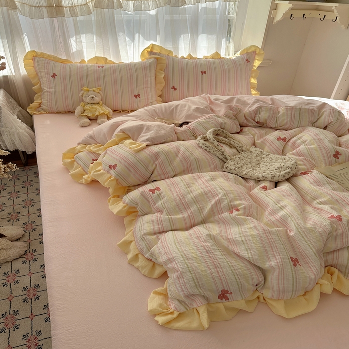 91家纺网 家纺一手货源 找家纺 顾里家纺 2025新款韩系花边皱皱纱四件套 彩虹蝴蝶结