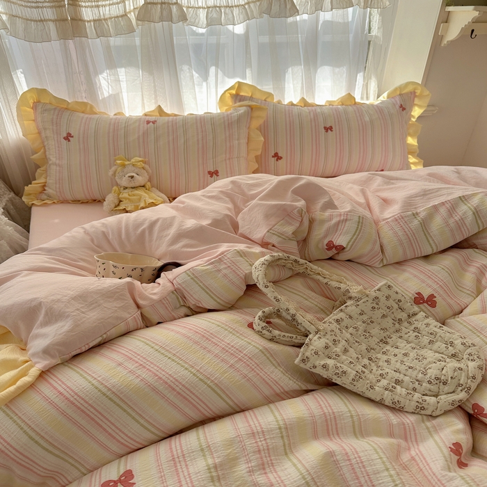 91家纺网 家纺一手货源 找家纺 顾里家纺 2025新款韩系花边皱皱纱四件套 彩虹蝴蝶结