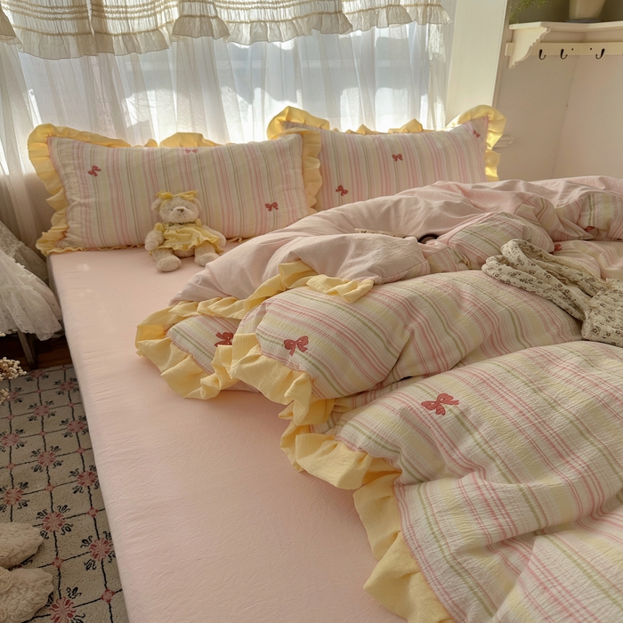 91家纺网 家纺一手货源 找家纺 顾里家纺 2025新款韩系花边皱皱纱四件套 彩虹蝴蝶结