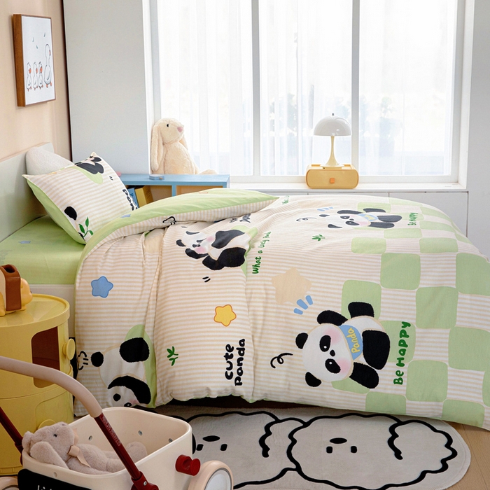 91家纺网 家纺一手货源 找家纺 吉咪兔家纺 2025新款全棉纯棉幼儿园三件套儿童被褥六件套宝宝午睡入园婴儿床床上用品 格子熊猫