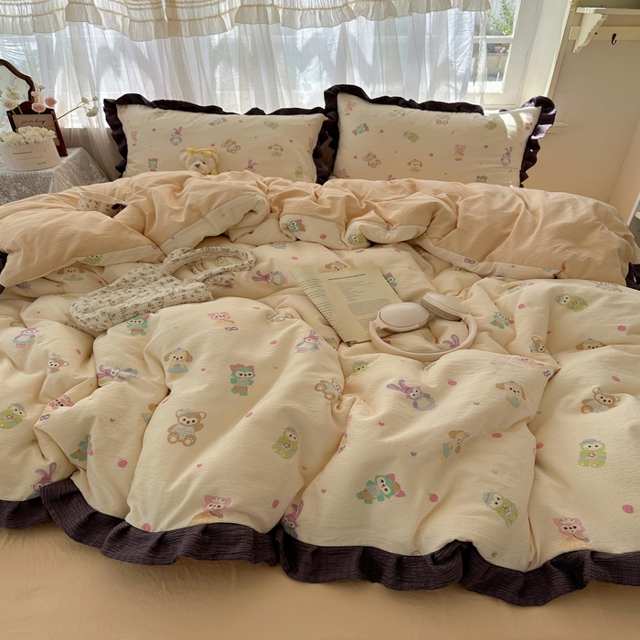 91家纺网 家纺一手货源 找家纺 顾里家纺 2025新款韩系花边皱皱纱四件套 动物园